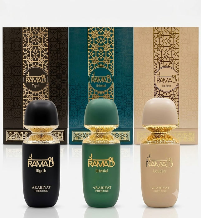 MyPERFUMES Arabiyat Prestige - Ramad Myrrh 100 ml EDP Unisex + Arabiyat Prestige - Ramad Louban 100 ml EDP Unisex + Arabiyat Prestige - Ramad Oriental 100 ml EDP Unisex Bundle Offer