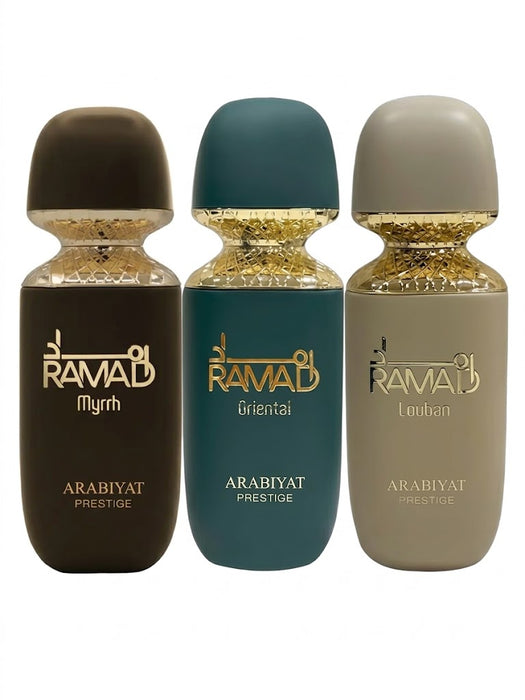 MyPERFUMES Arabiyat Prestige - Ramad Myrrh 100 ml EDP Unisex + Arabiyat Prestige - Ramad Louban 100 ml EDP Unisex + Arabiyat Prestige - Ramad Oriental 100 ml EDP Unisex Bundle Offer