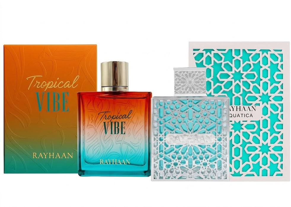 Rayhaan Tropical Vibe 100 ml EDP Unisex + Aquatica 100 ml EDP Men Bundle Offer